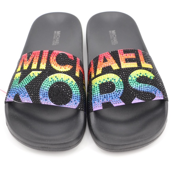 Michael Kors 6 Gilmore Embellished Slide Sandals Black Multi - Picture 6 of 16
